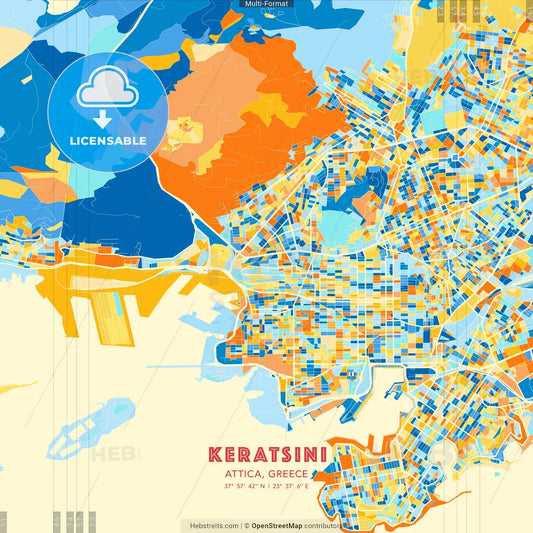 Keratsini, Attica, Greece blue and orange vector art map template