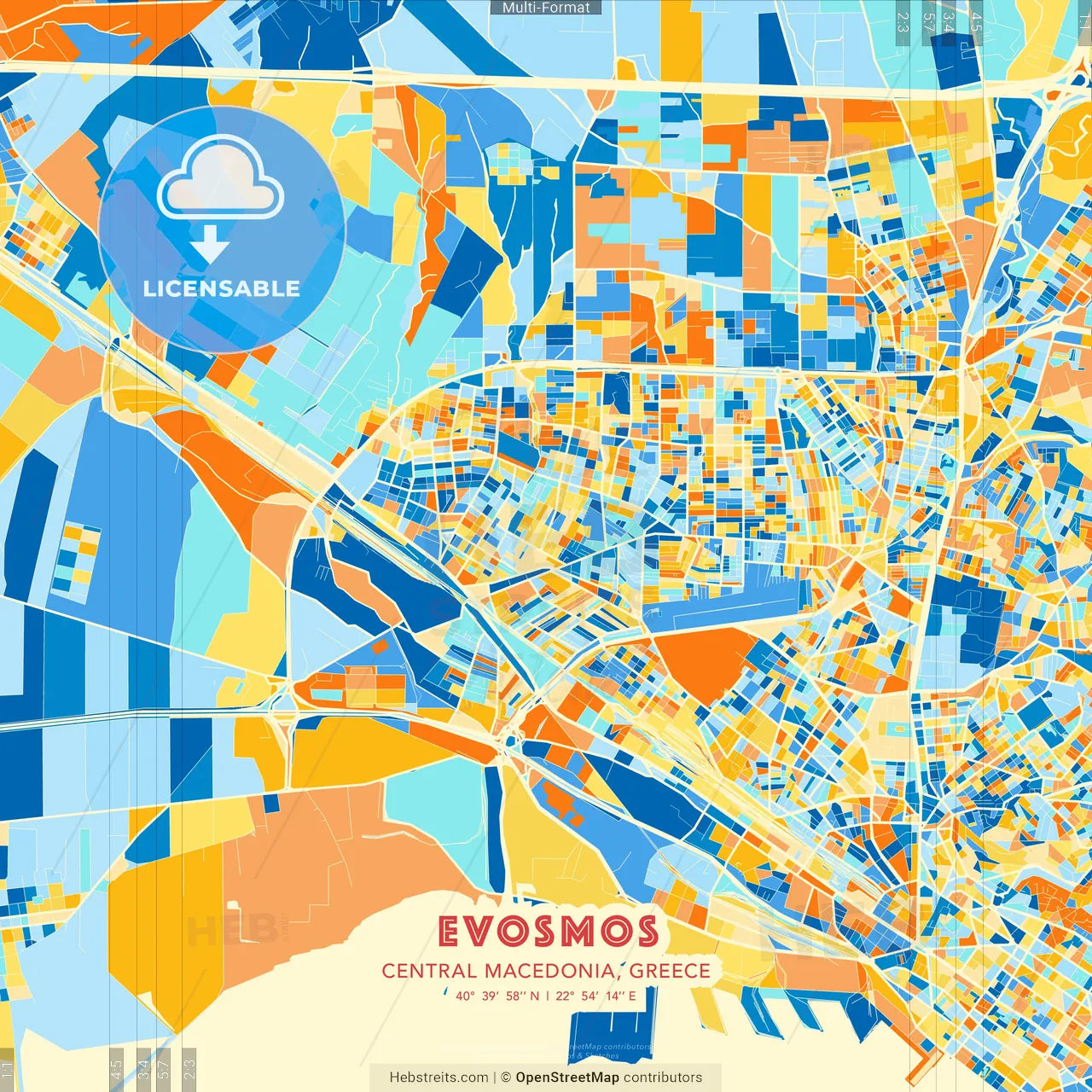 Evosmos, Central Macedonia, Greece blue and orange vector art map template