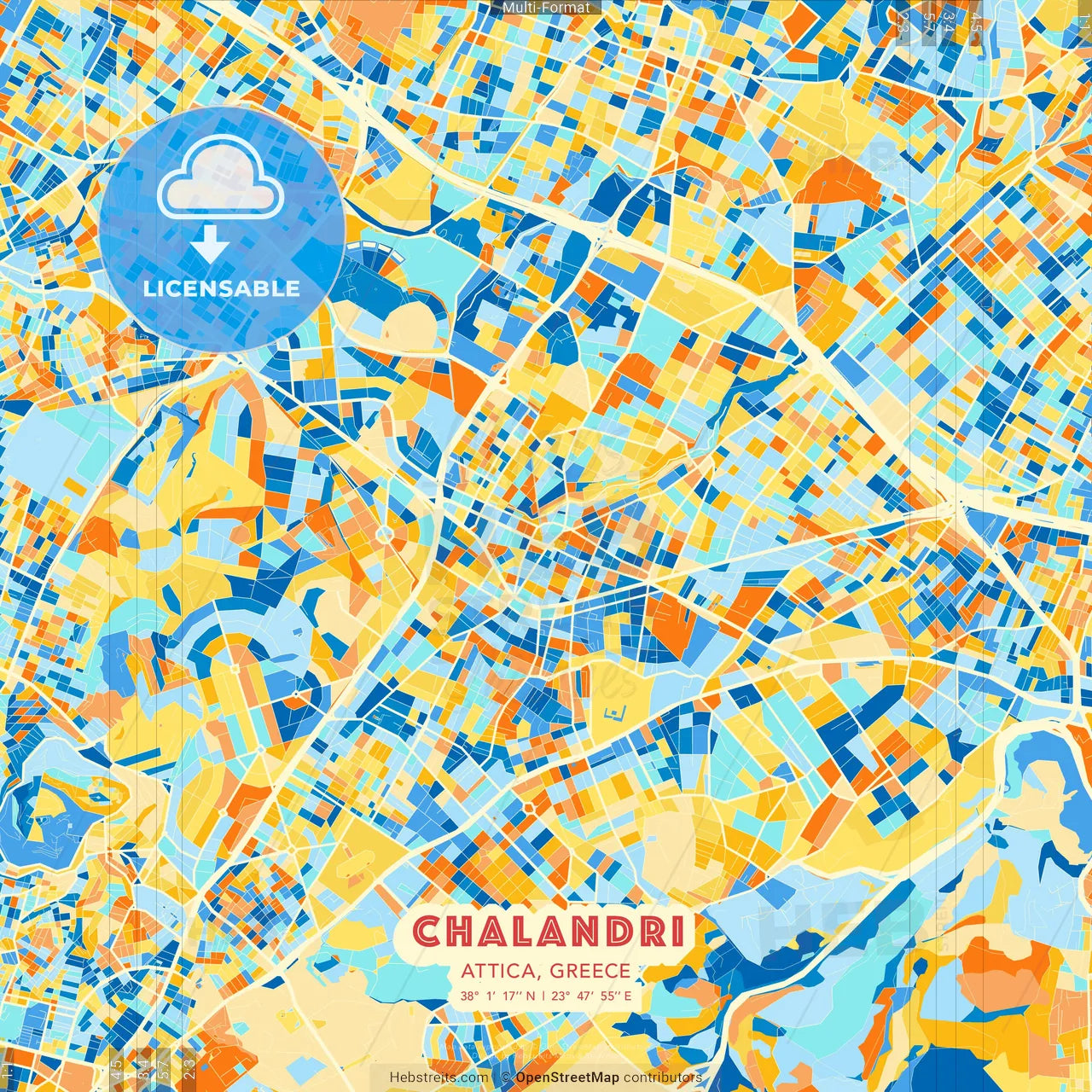 Chalandri, Attica, Greece blue and orange vector art map template