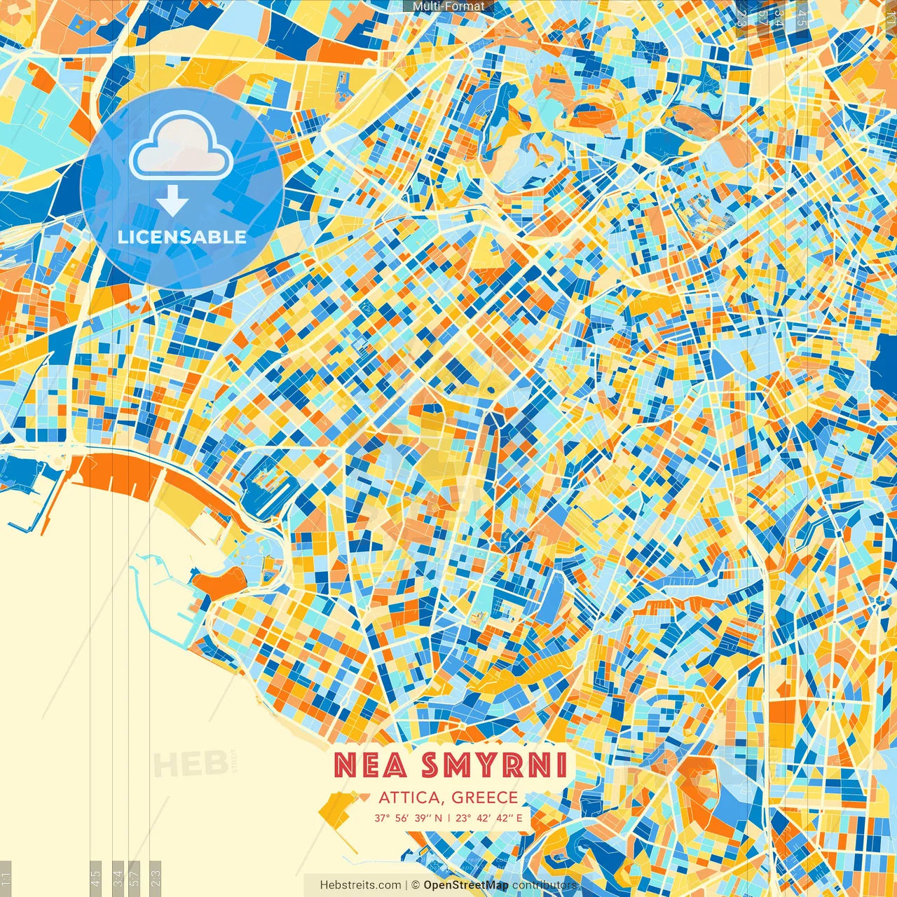 Nea Smyrni, Attica, Greece blue and orange vector art map template