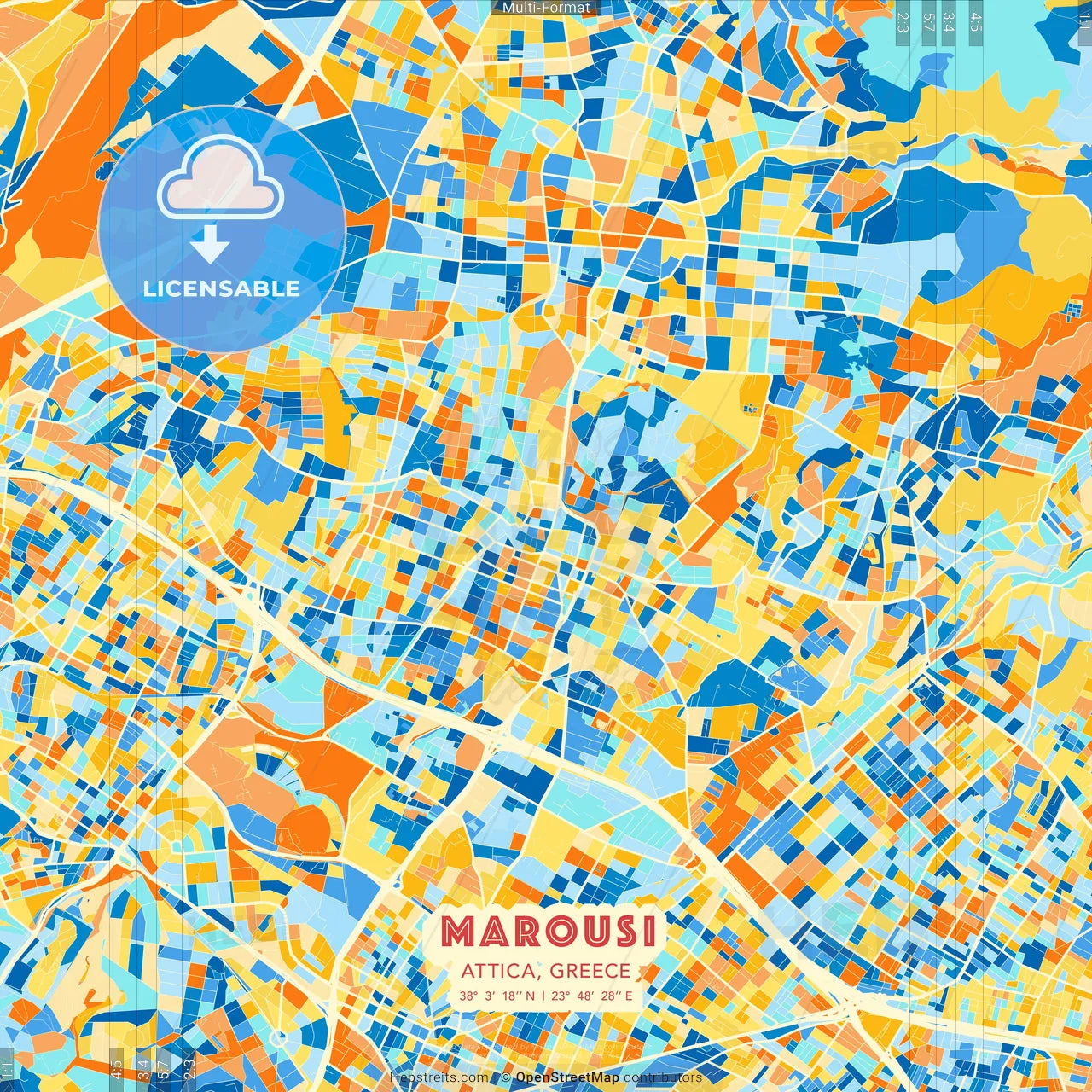 Marousi, Attica, Greece blue and orange vector art map template