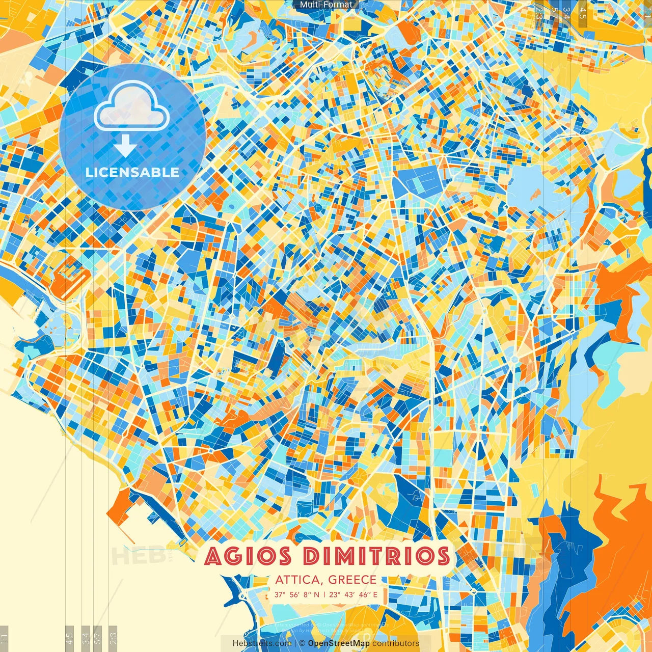 Agios Dimitrios, Attica, Greece blue and orange vector art map template
