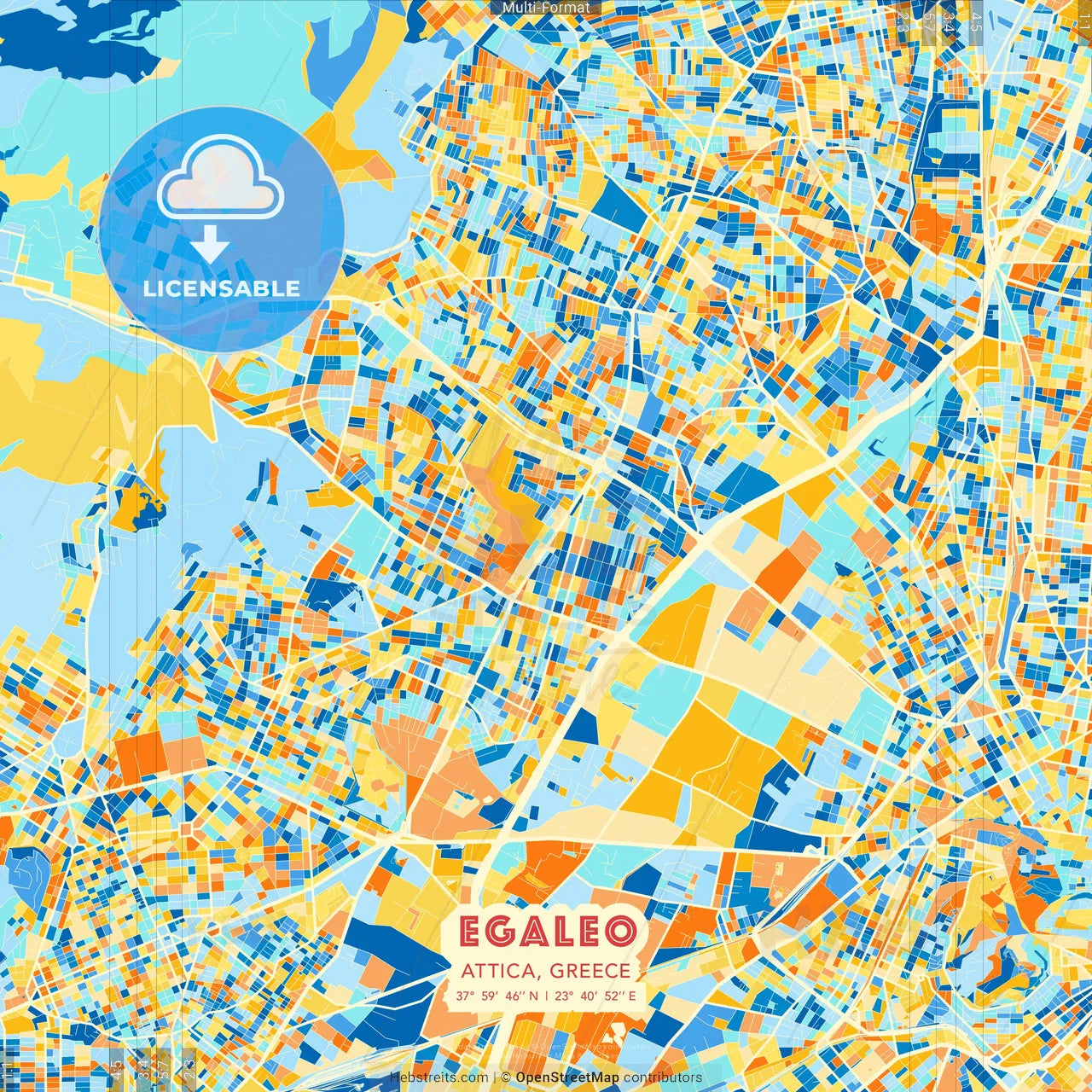 Egaleo, Attica, Greece blue and orange vector art map template
