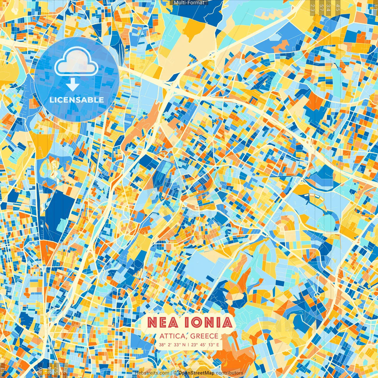 Nea Ionia, Attica, Greece blue and orange vector art map template