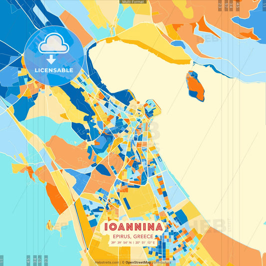 Ioannina, Epirus, Greece blue and orange vector art map template