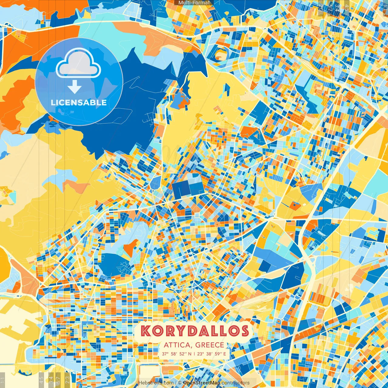 Korydallos, Attica, Greece blue and orange vector art map template