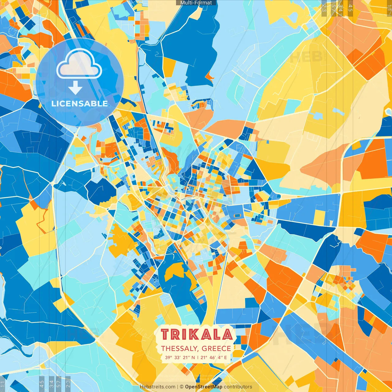 Trikala, Thessaly, Greece blue and orange vector art map template