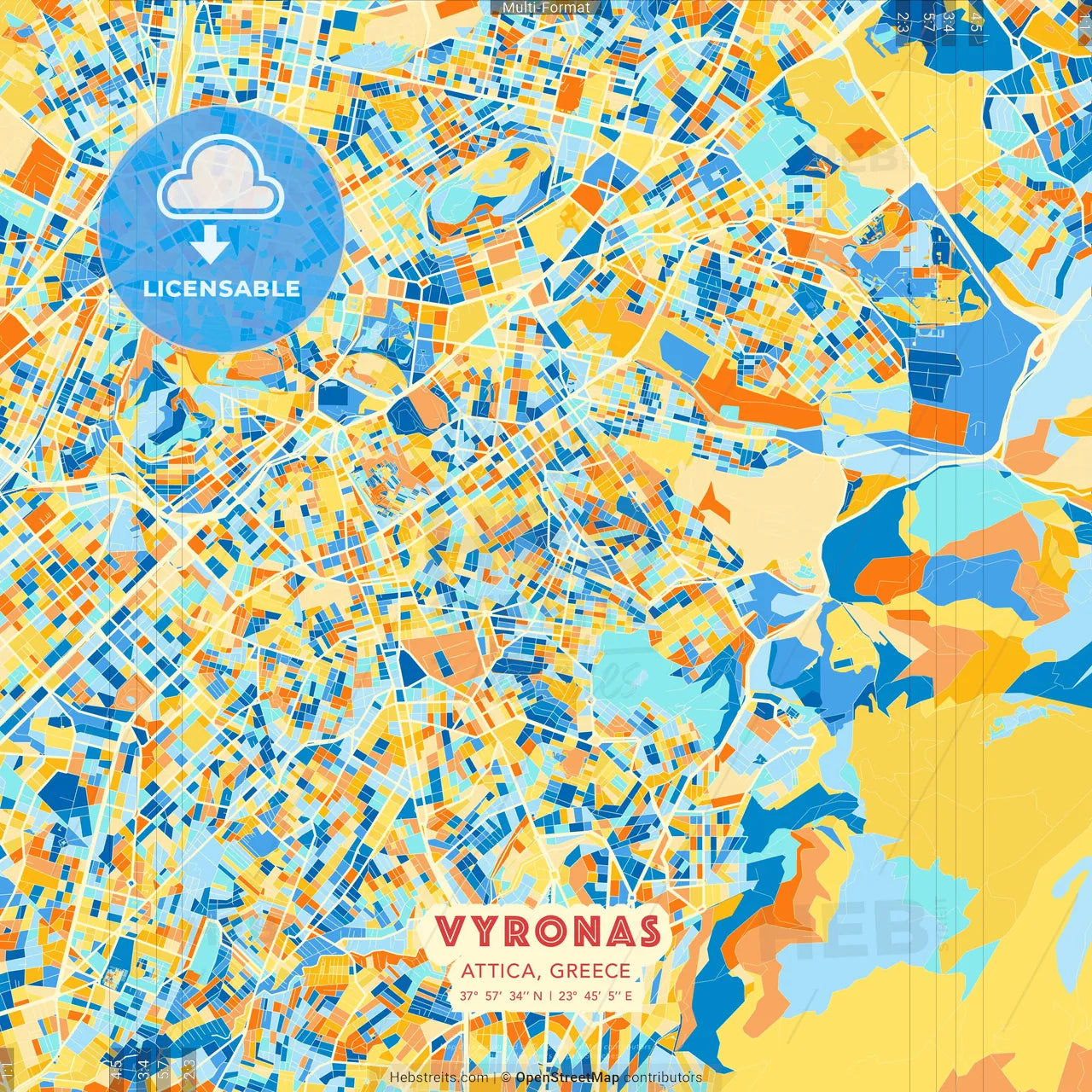 Vyronas, Attica, Greece blue and orange vector art map template