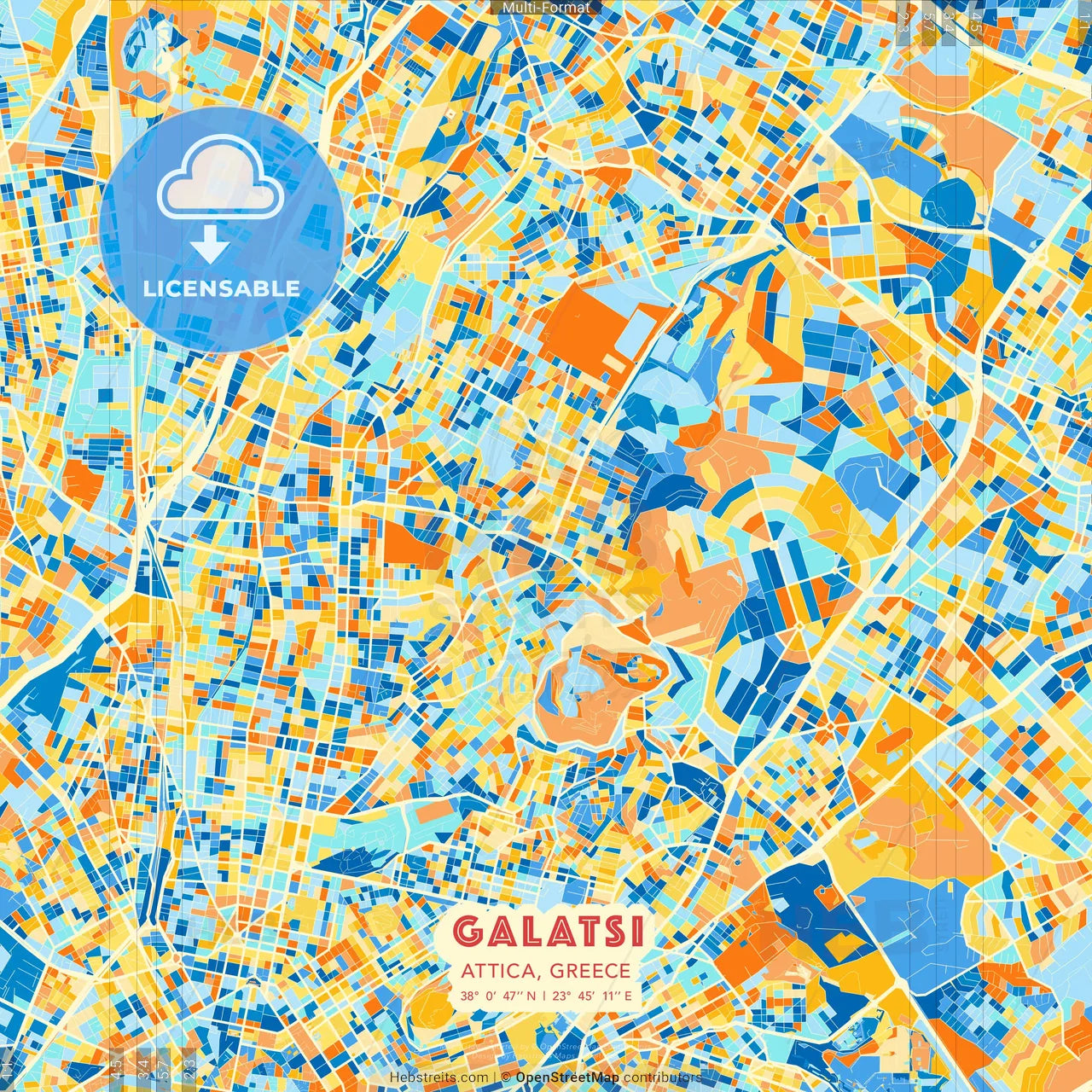 Galatsi, Attica, Greece blue and orange vector art map template