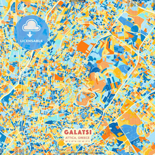 Galatsi, Attica, Greece blue and orange vector art map template