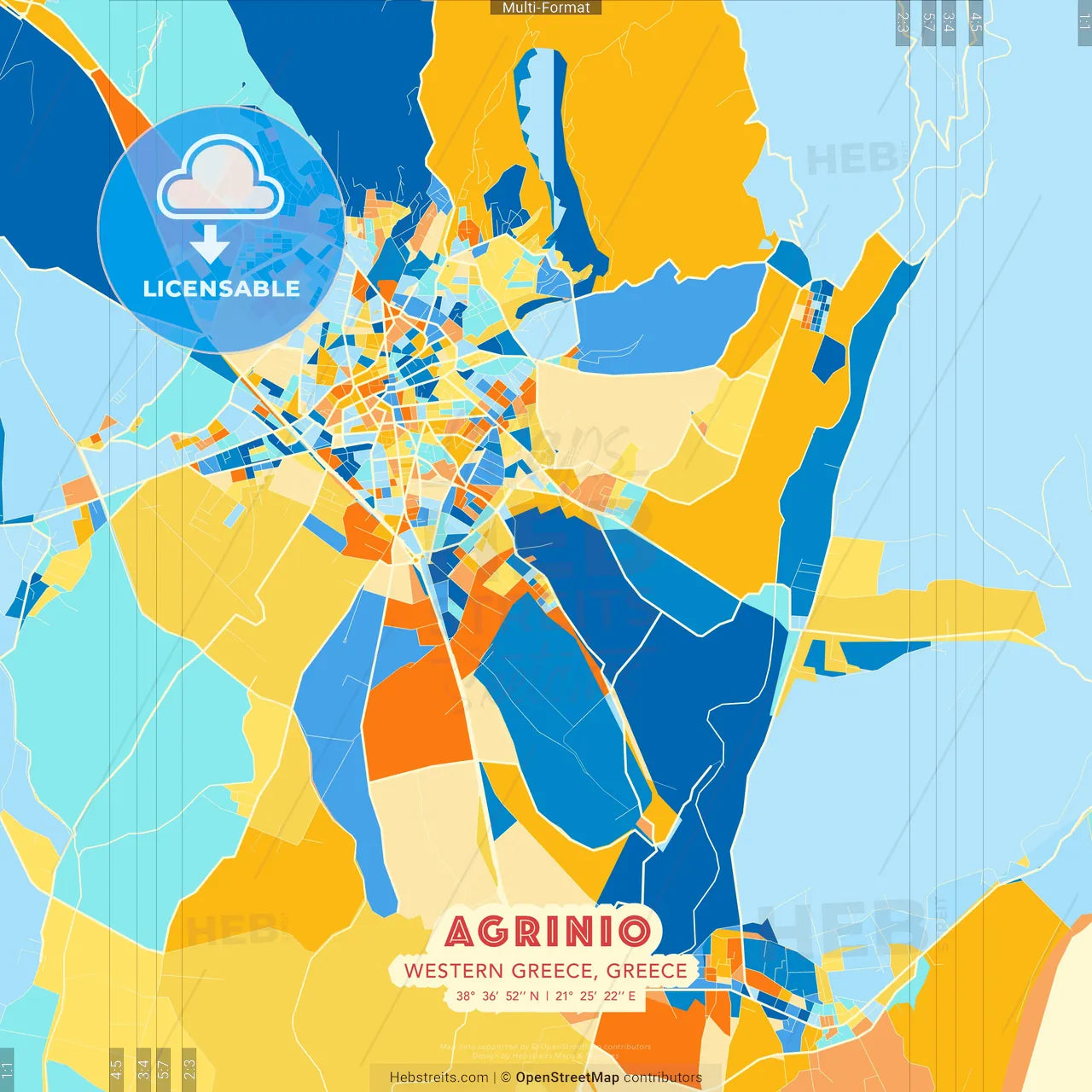 Agrinio, Western Greece, Greece blue and orange vector art map template