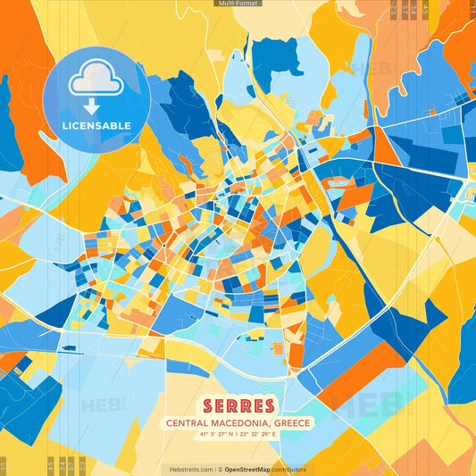 Serres, Central Macedonia, Greece blue and orange vector art map template