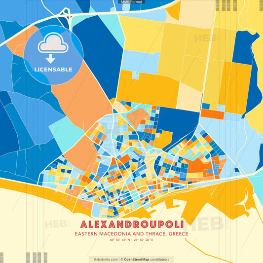 Alexandroupoli, Eastern Macedonia and Thrace, Greece blue and orange vector art map template