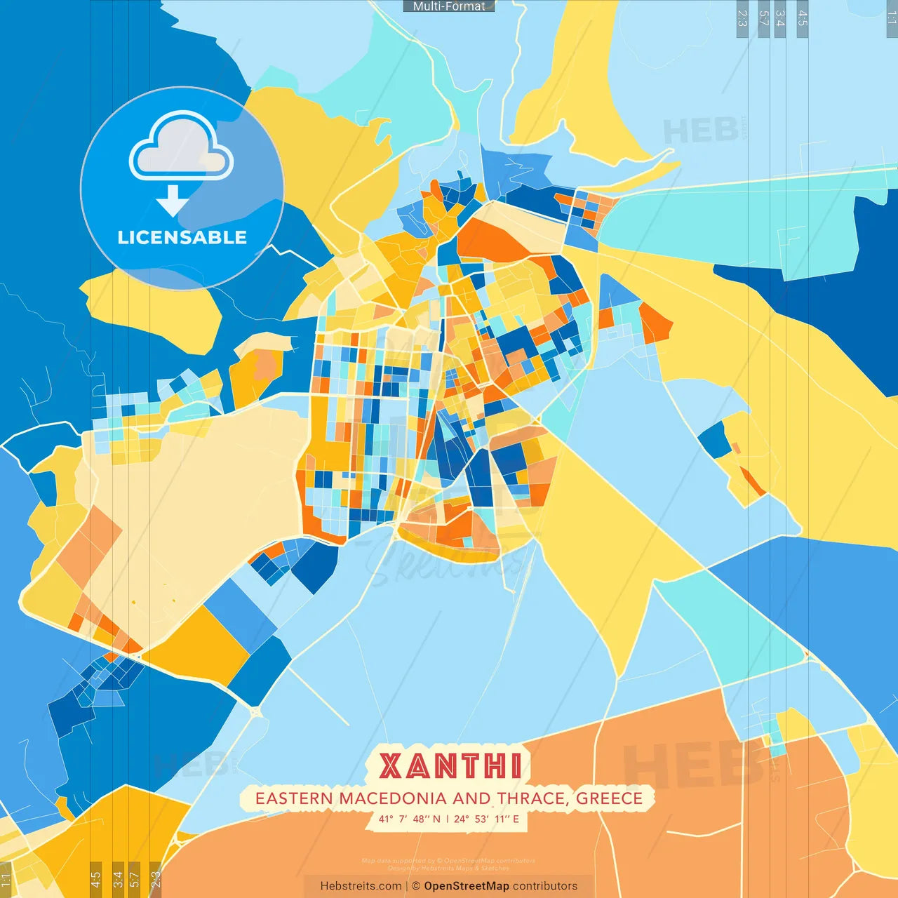 Xanthi, Eastern Macedonia and Thrace, Greece blue and orange vector art map template
