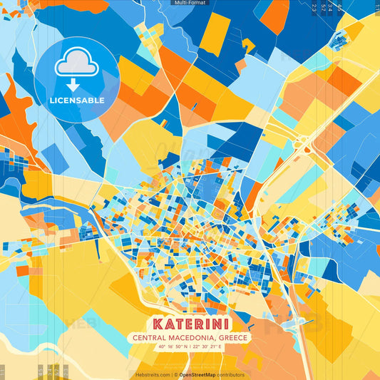 Katerini, Central Macedonia, Greece blue and orange vector art map template
