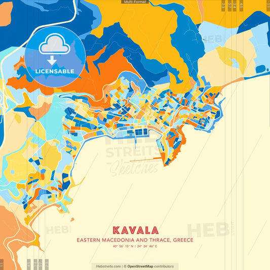 Kavala, Eastern Macedonia and Thrace, Greece blue and orange vector art map template