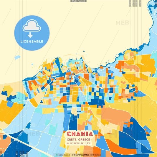 Chania, Crete, Greece blue and orange vector art map template
