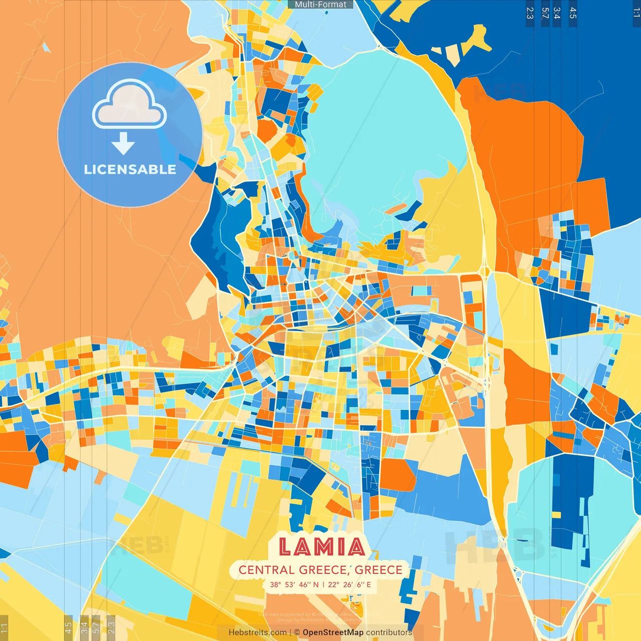Lamia, Central Greece, Greece blue and orange vector art map template