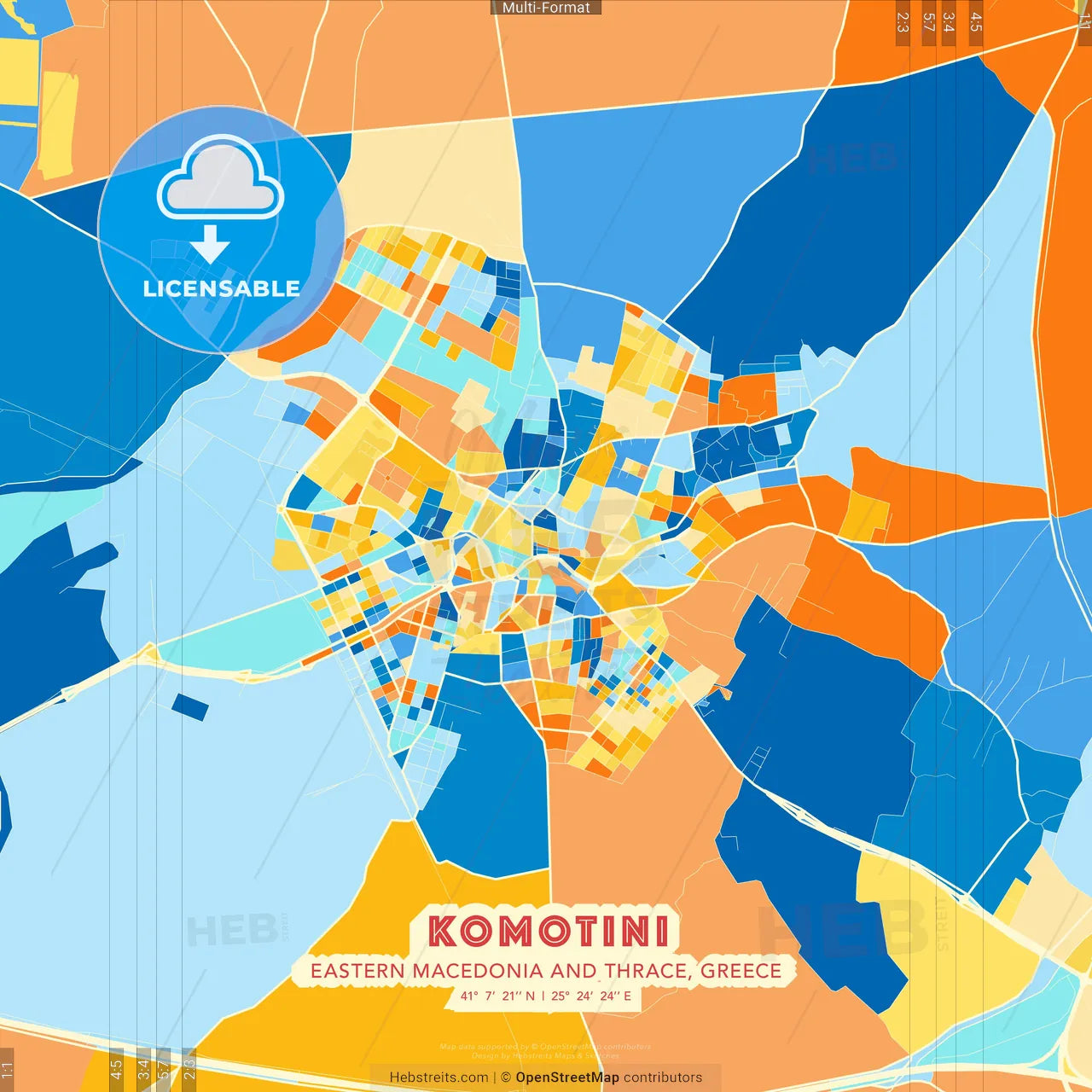 Komotini, Eastern Macedonia and Thrace, Greece blue and orange vector art map template