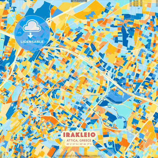 Irakleio, Attica, Greece blue and orange vector art map template