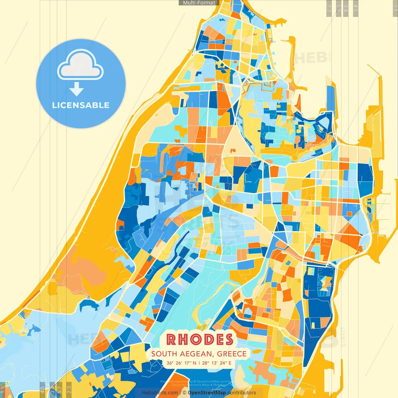 Rhodes, South Aegean, Greece blue and orange vector art map template
