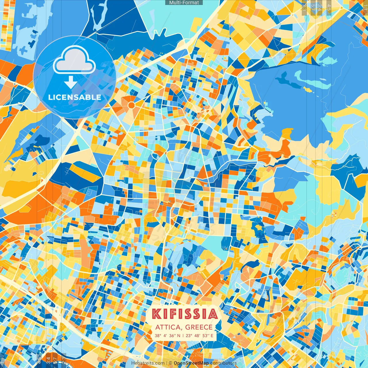 Kifissia, Attica, Greece blue and orange vector art map template