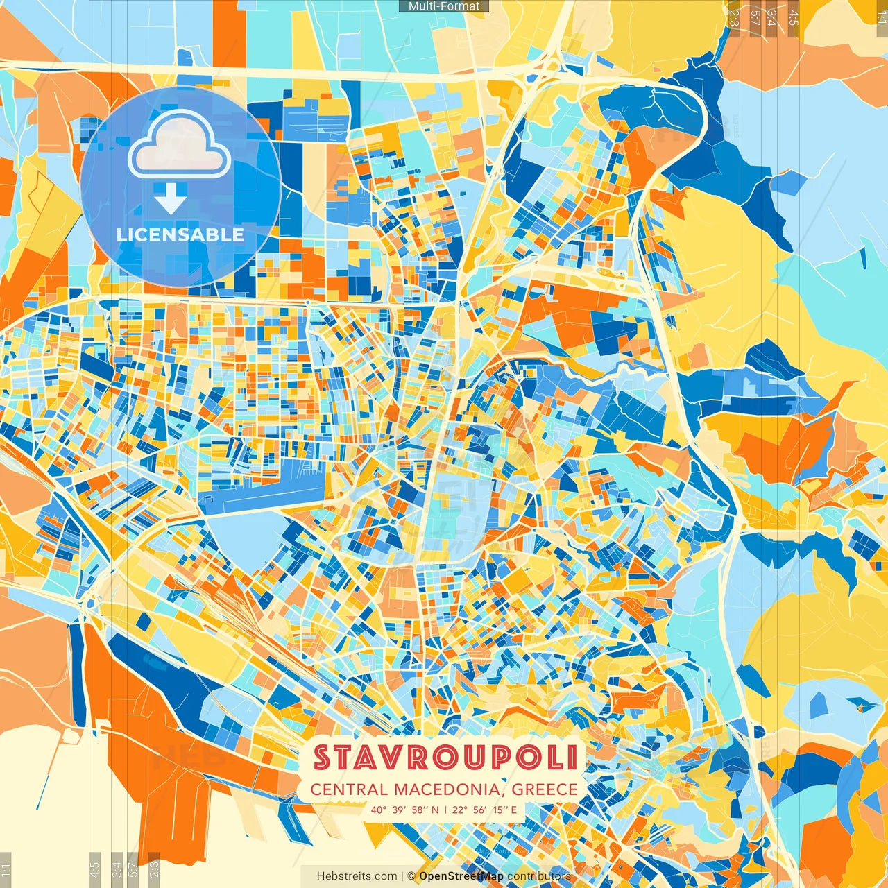 Stavroupoli, Central Macedonia, Greece blue and orange vector art map template