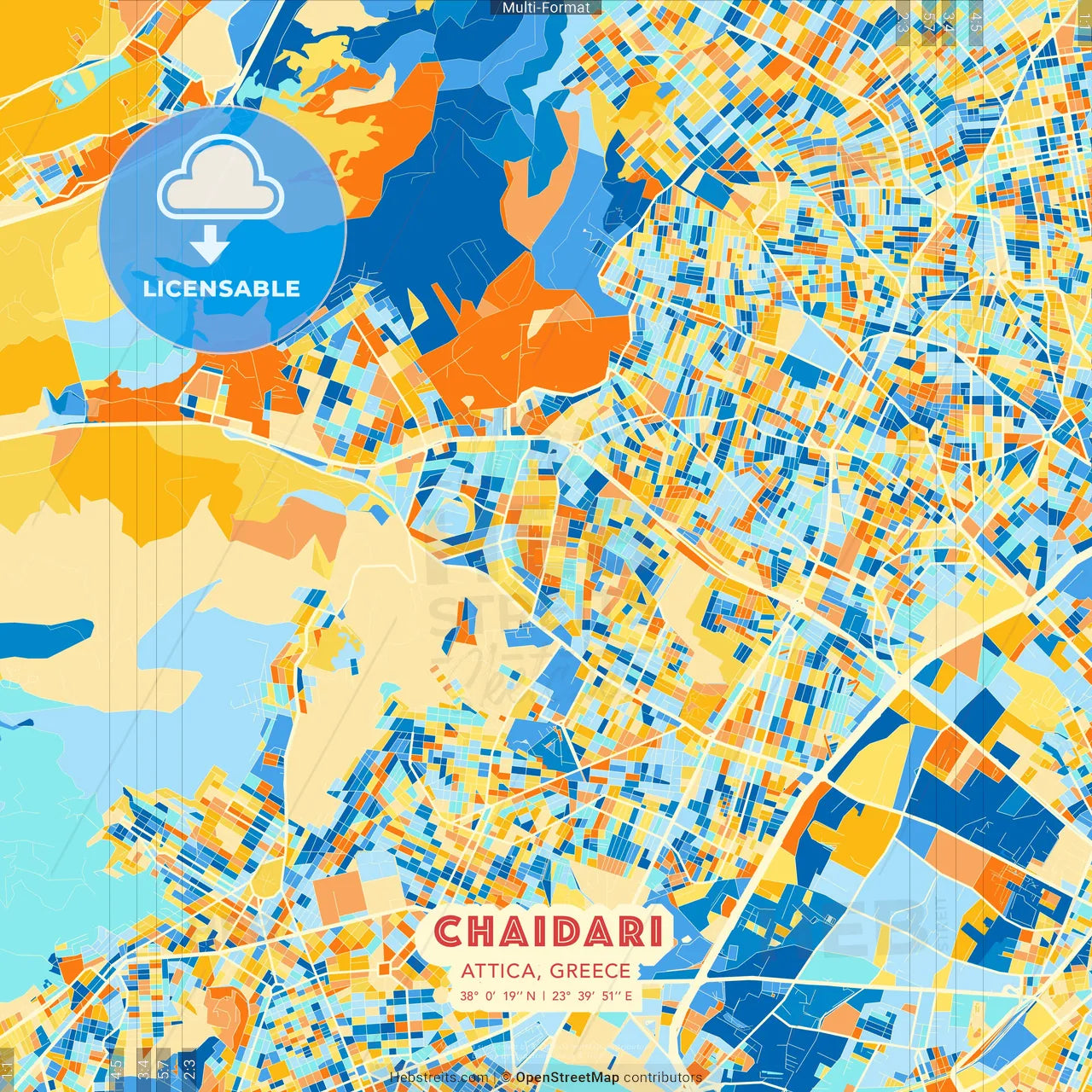 Chaidari, Attica, Greece blue and orange vector art map template