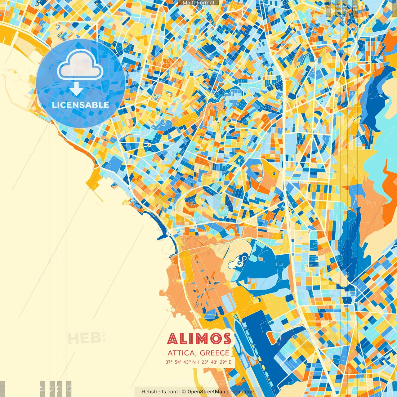 Alimos, Attica, Greece blue and orange vector art map template