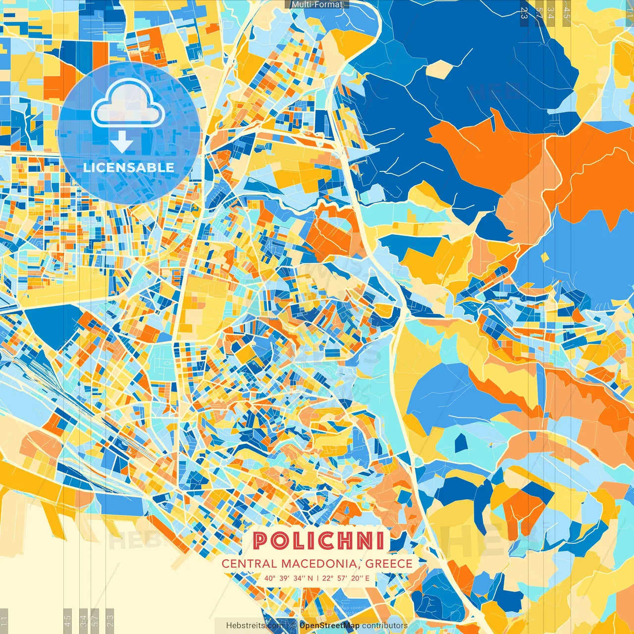 Polichni, Central Macedonia, Greece blue and orange vector art map template