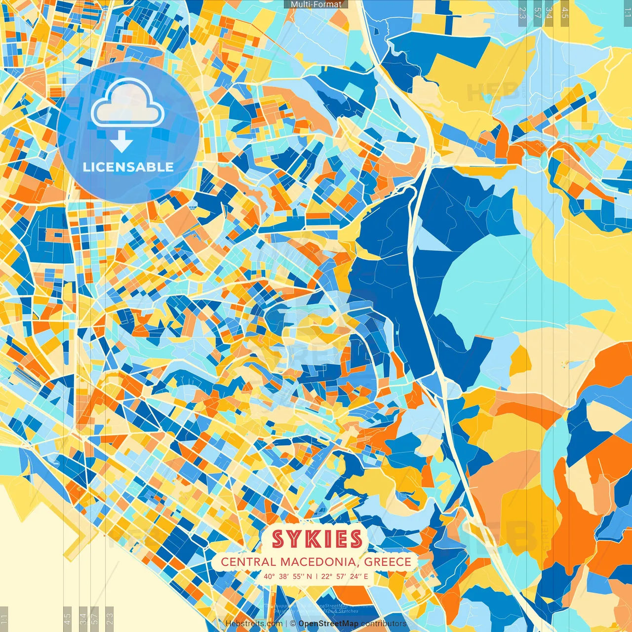 Sykies, Central Macedonia, Greece blue and orange vector art map template