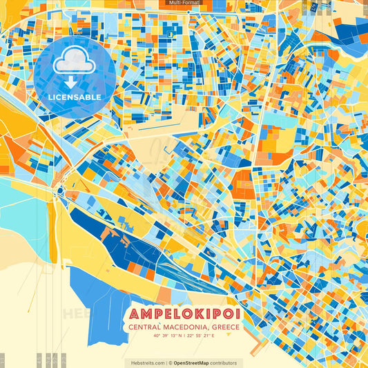 Ampelokipoi, Central Macedonia, Greece blue and orange vector art map template