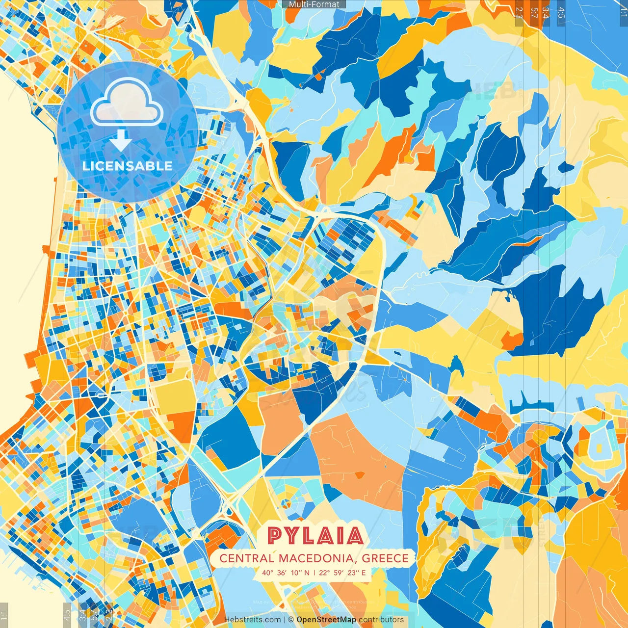 Pylaia, Central Macedonia, Greece blue and orange vector art map template