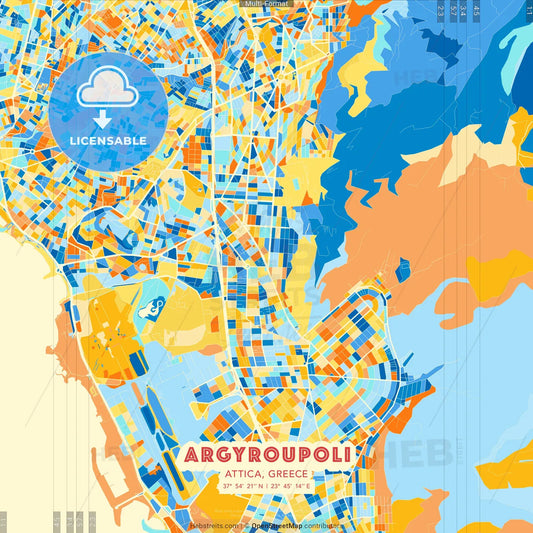 Argyroupoli, Attica, Greece blue and orange vector art map template