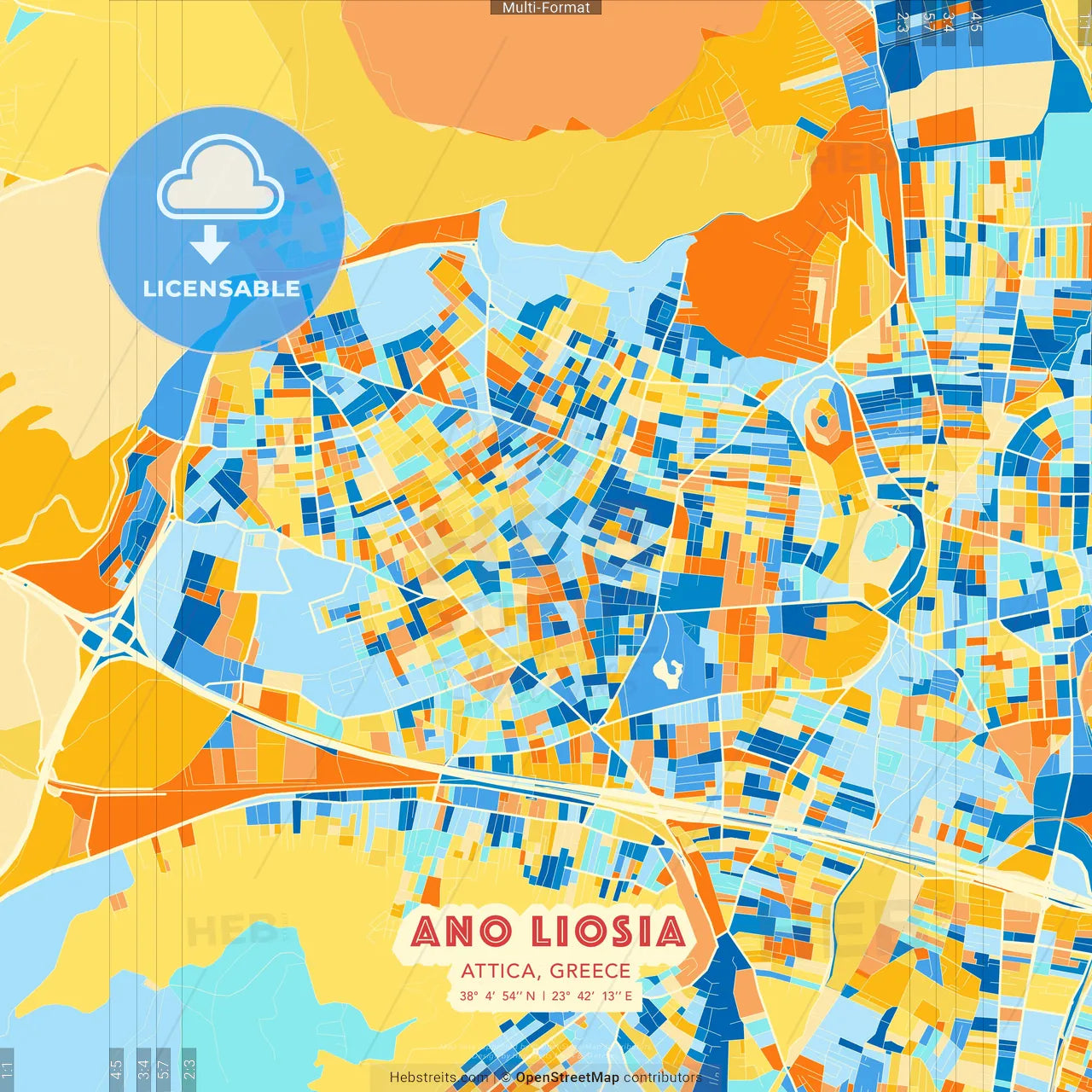 Ano Liosia, Attica, Greece blue and orange vector art map template