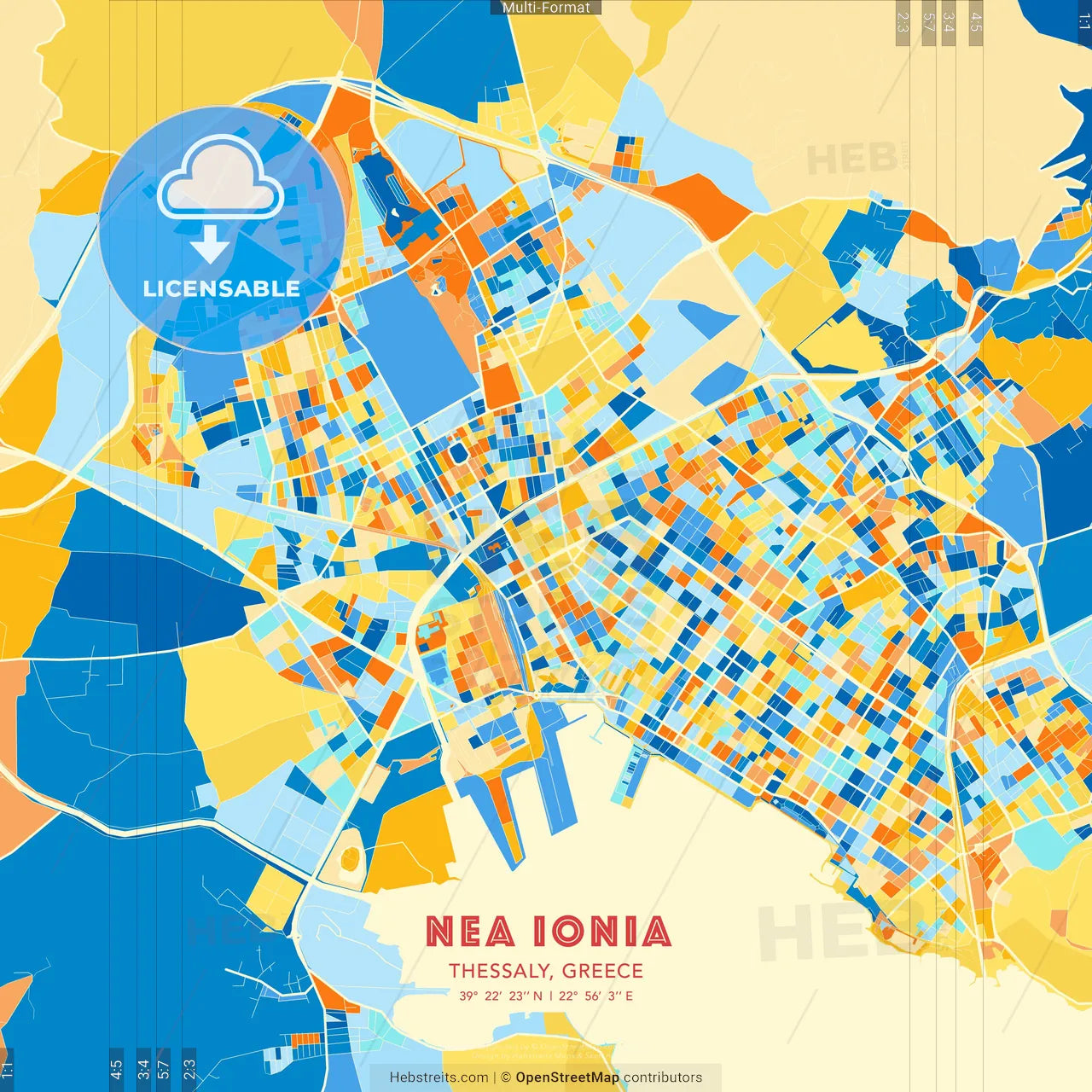 Nea Ionia, Thessaly, Greece blue and orange vector art map template