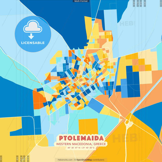 Ptolemaida, Western Macedonia, Greece blue and orange vector art map template
