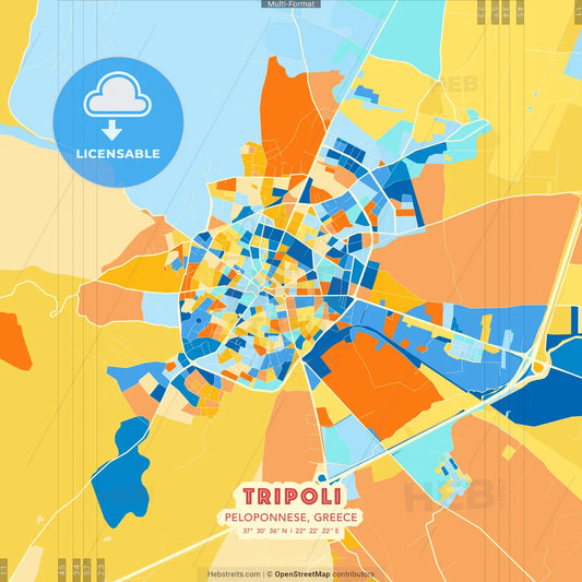 Tripoli, Peloponnese, Greece blue and orange vector art map template