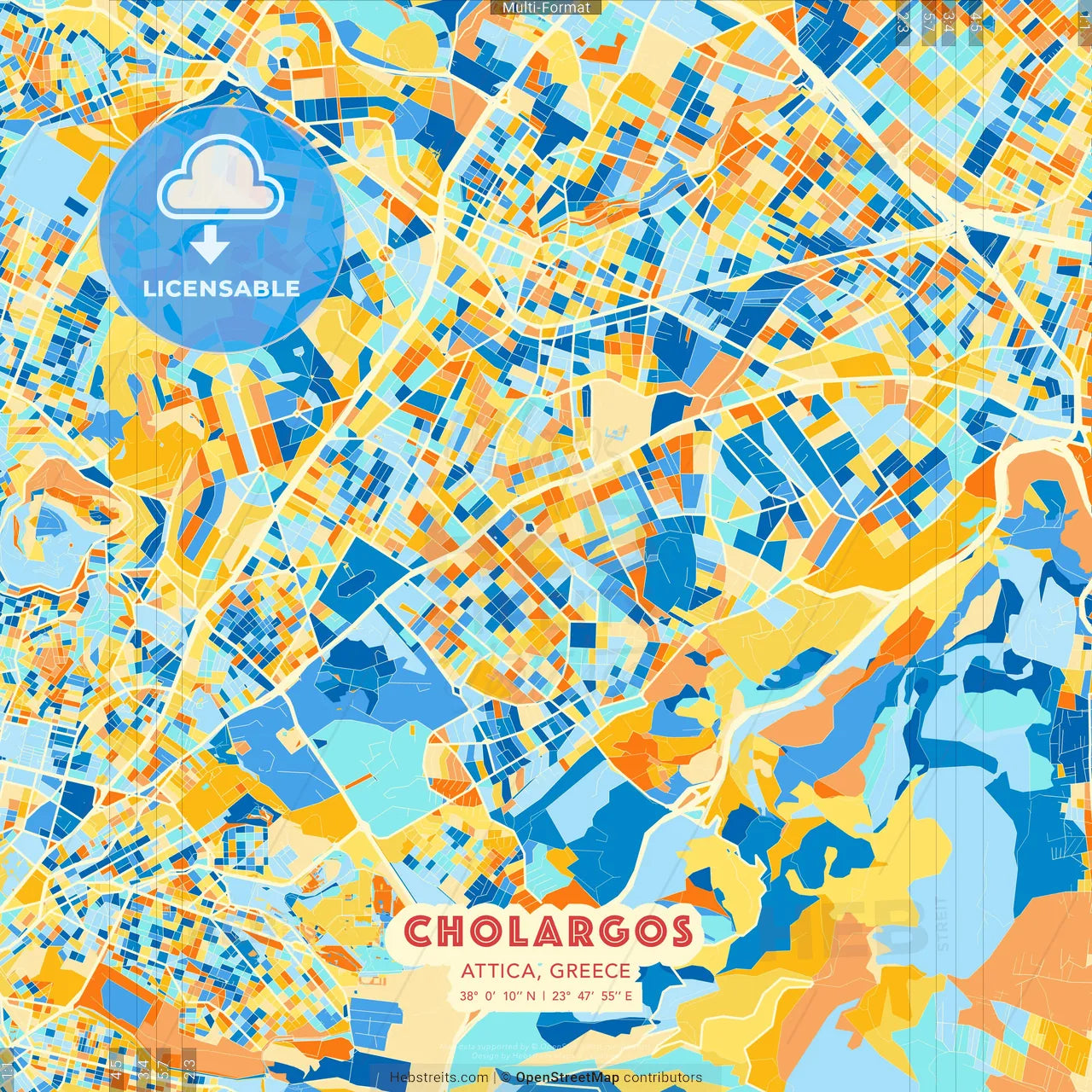 Cholargos, Attica, Greece blue and orange vector art map template