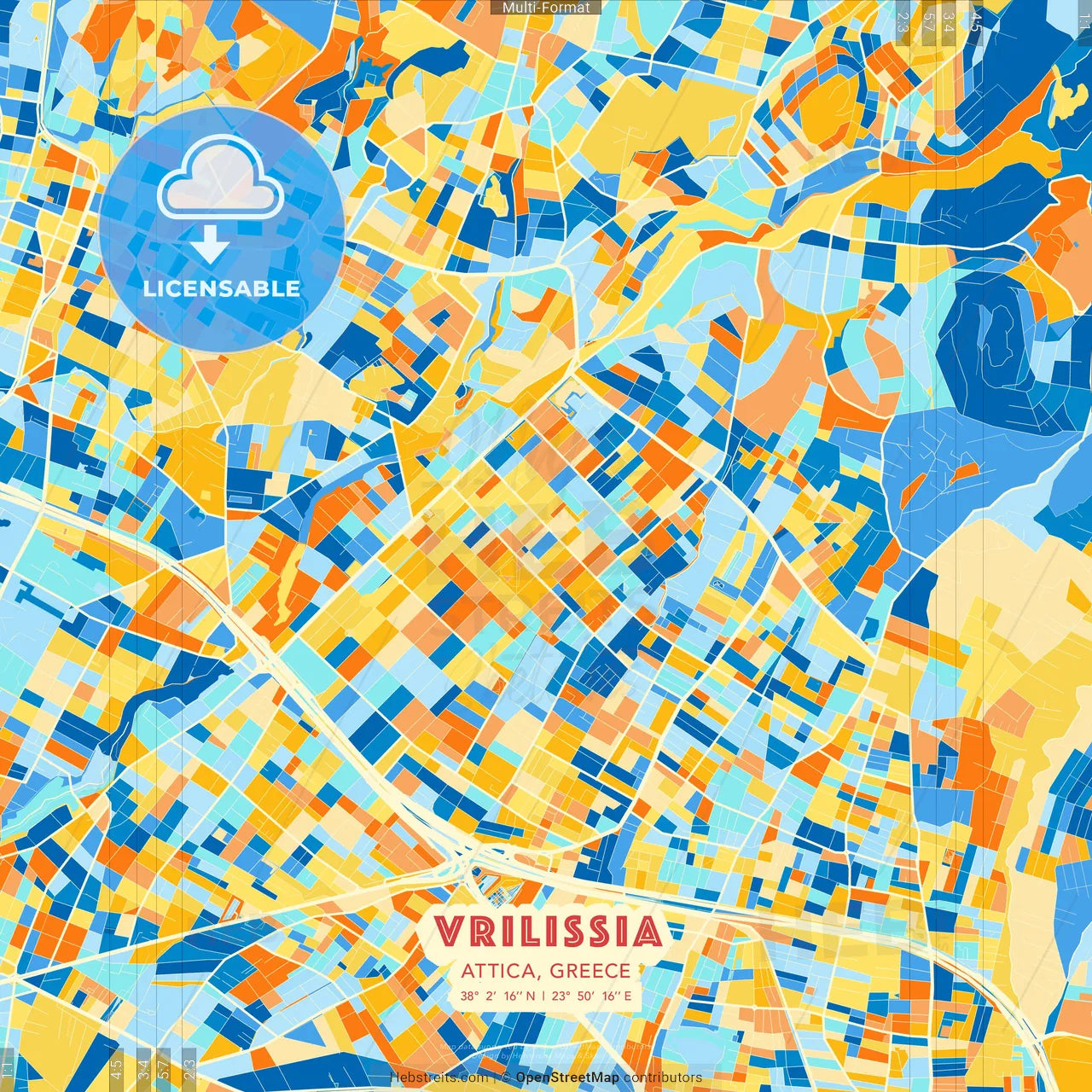 Vrilissia, Attica, Greece blue and orange vector art map template