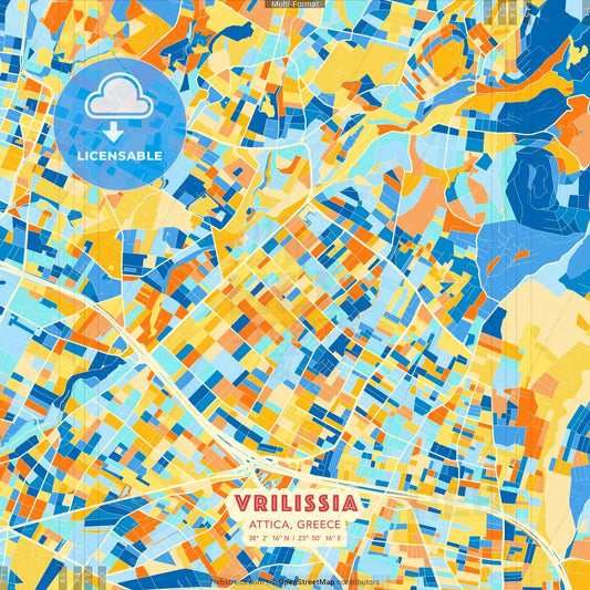 Vrilissia, Attica, Greece blue and orange vector art map template