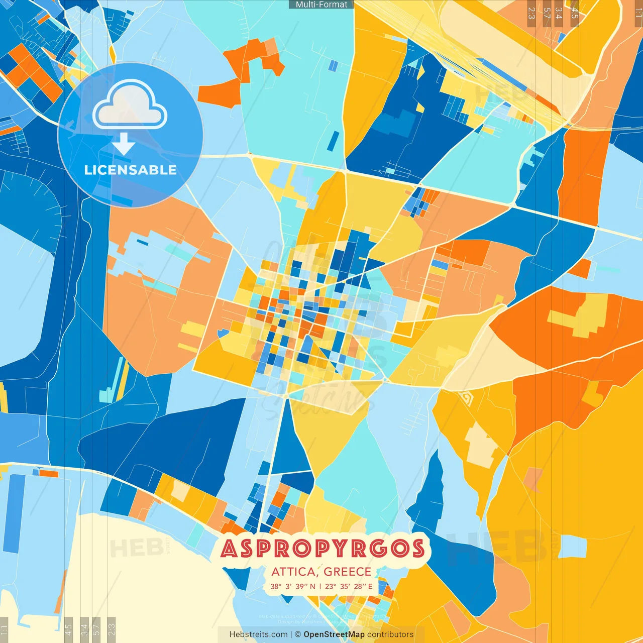 Aspropyrgos, Attica, Greece blue and orange vector art map template