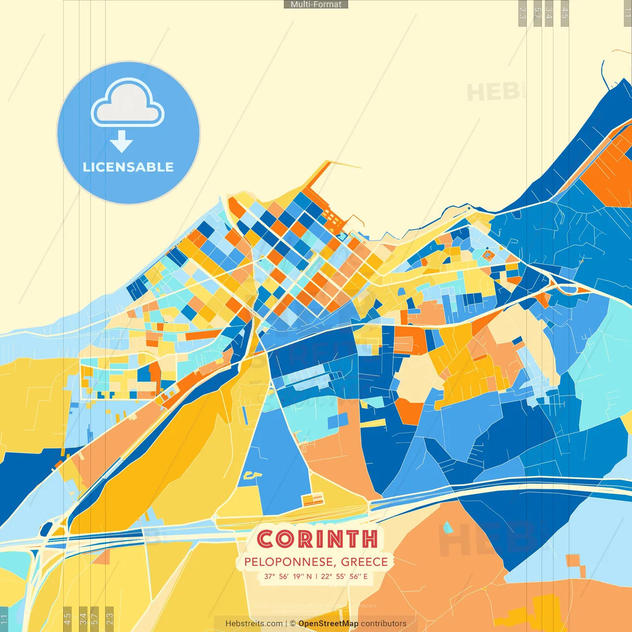 Corinth, Peloponnese, Greece blue and orange vector art map template