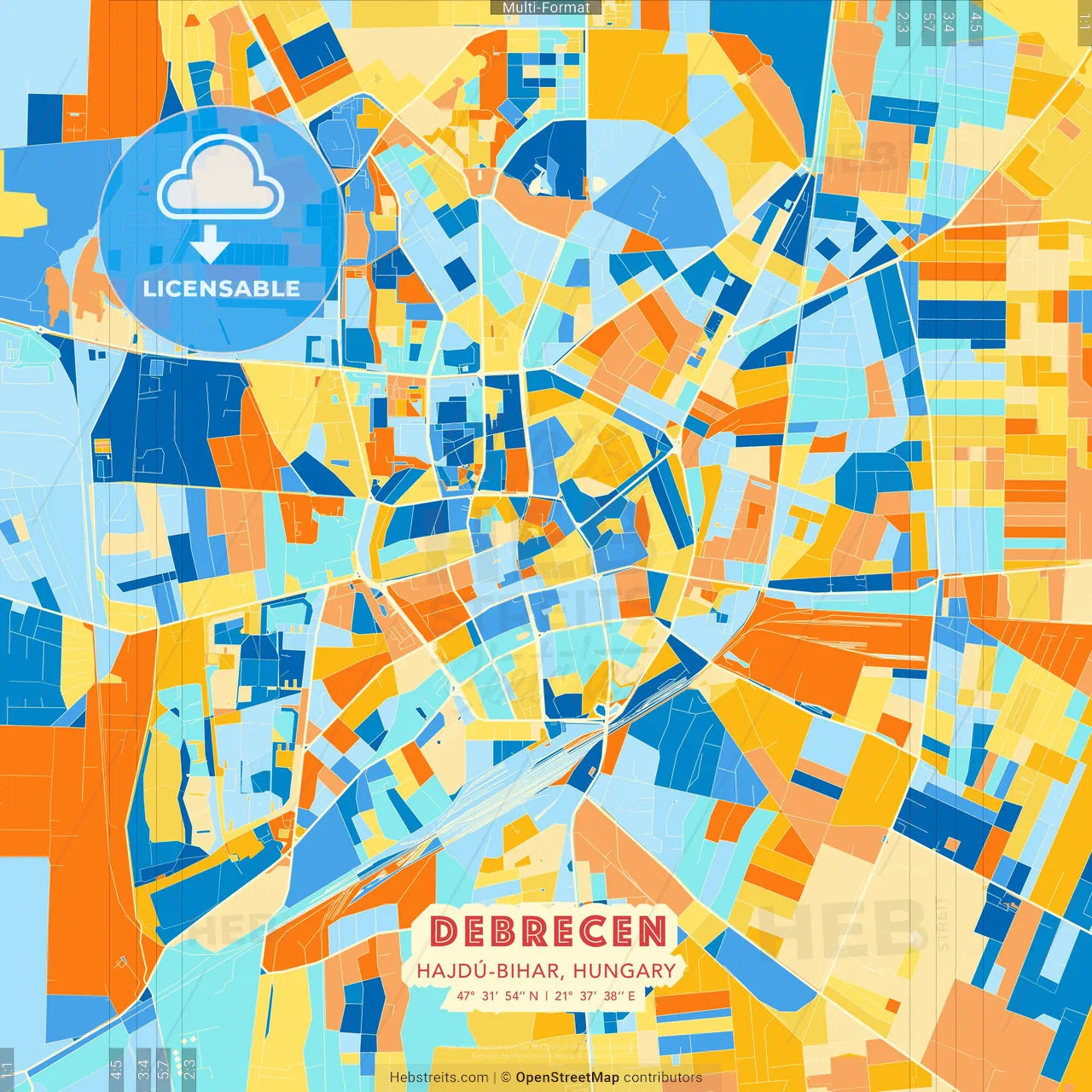 Debrecen, Hajdú-Bihar, Hungary blue and orange vector art map template