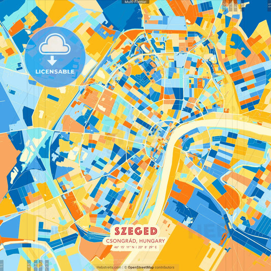 Szeged, Csongrád, Hungary blue and orange vector art map template