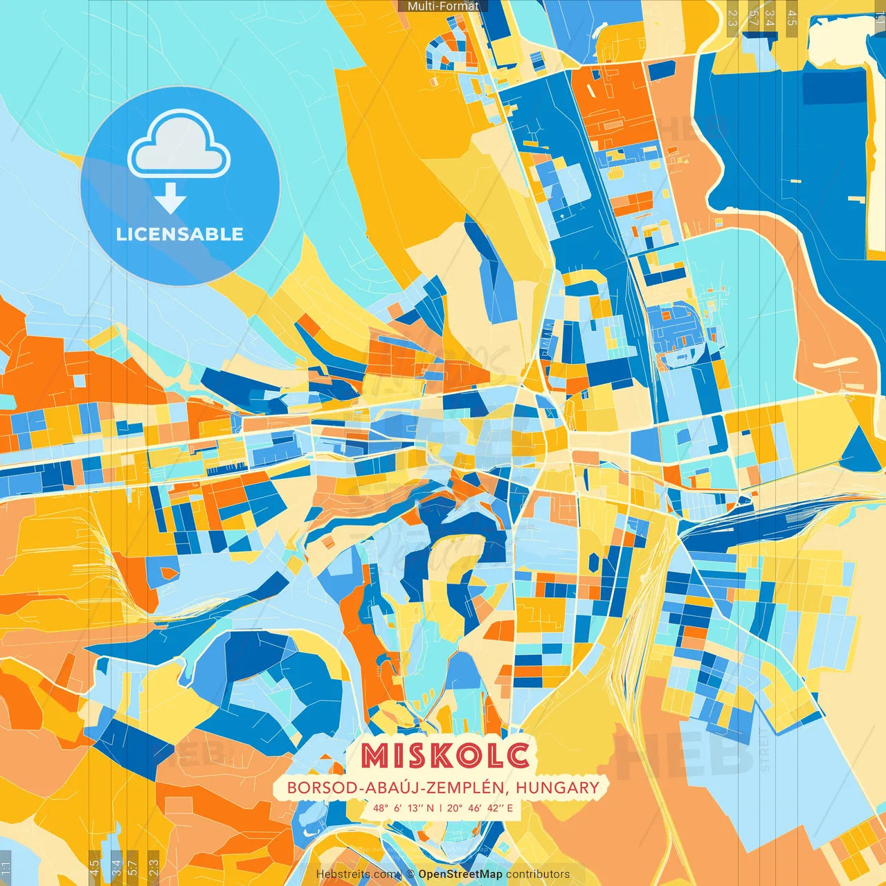 Miskolc, Borsod-Abaúj-Zemplén, Hungary blue and orange vector art map template