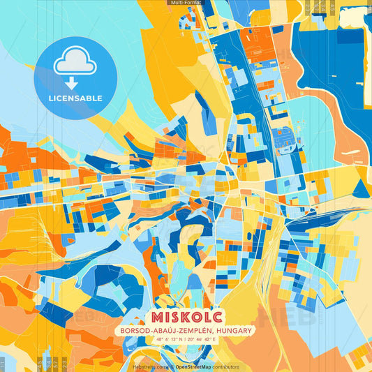 Miskolc, Borsod-Abaúj-Zemplén, Hungary blue and orange vector art map template