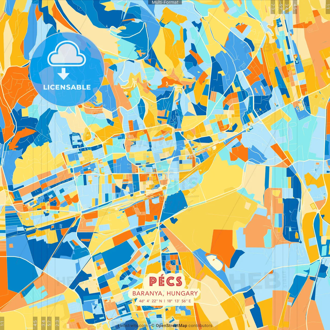 Pécs, Baranya, Hungary blue and orange vector art map template