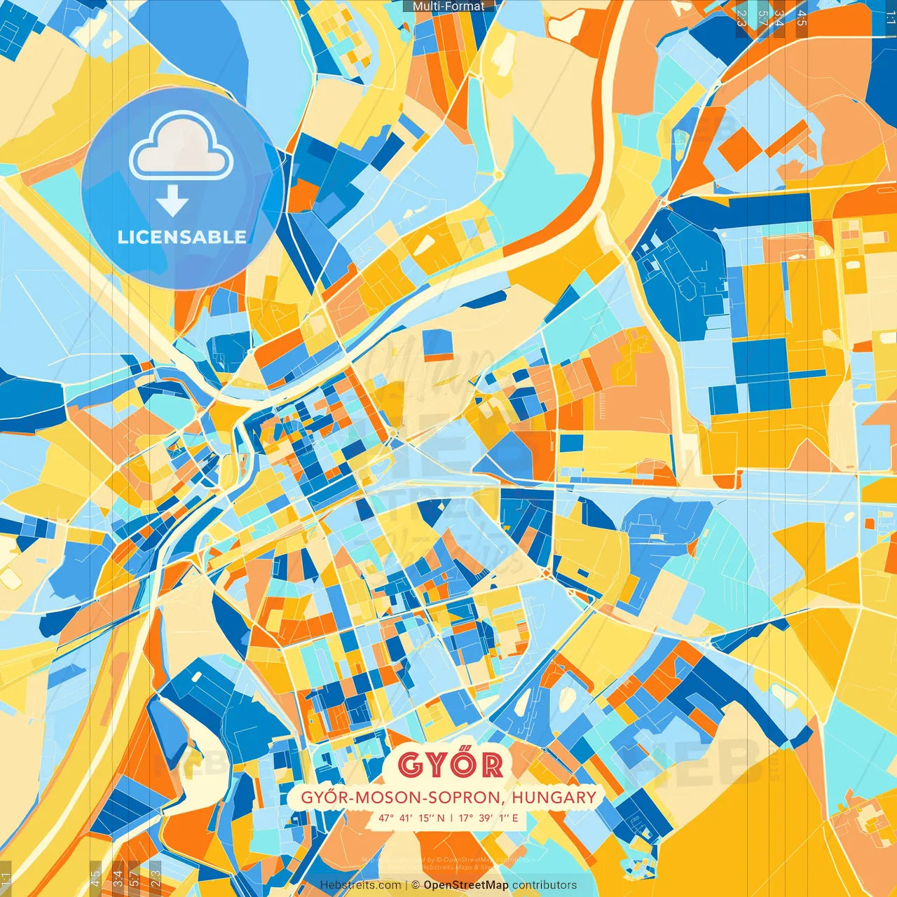 Győr, Győr-Moson-Sopron, Hungary blue and orange vector art map template