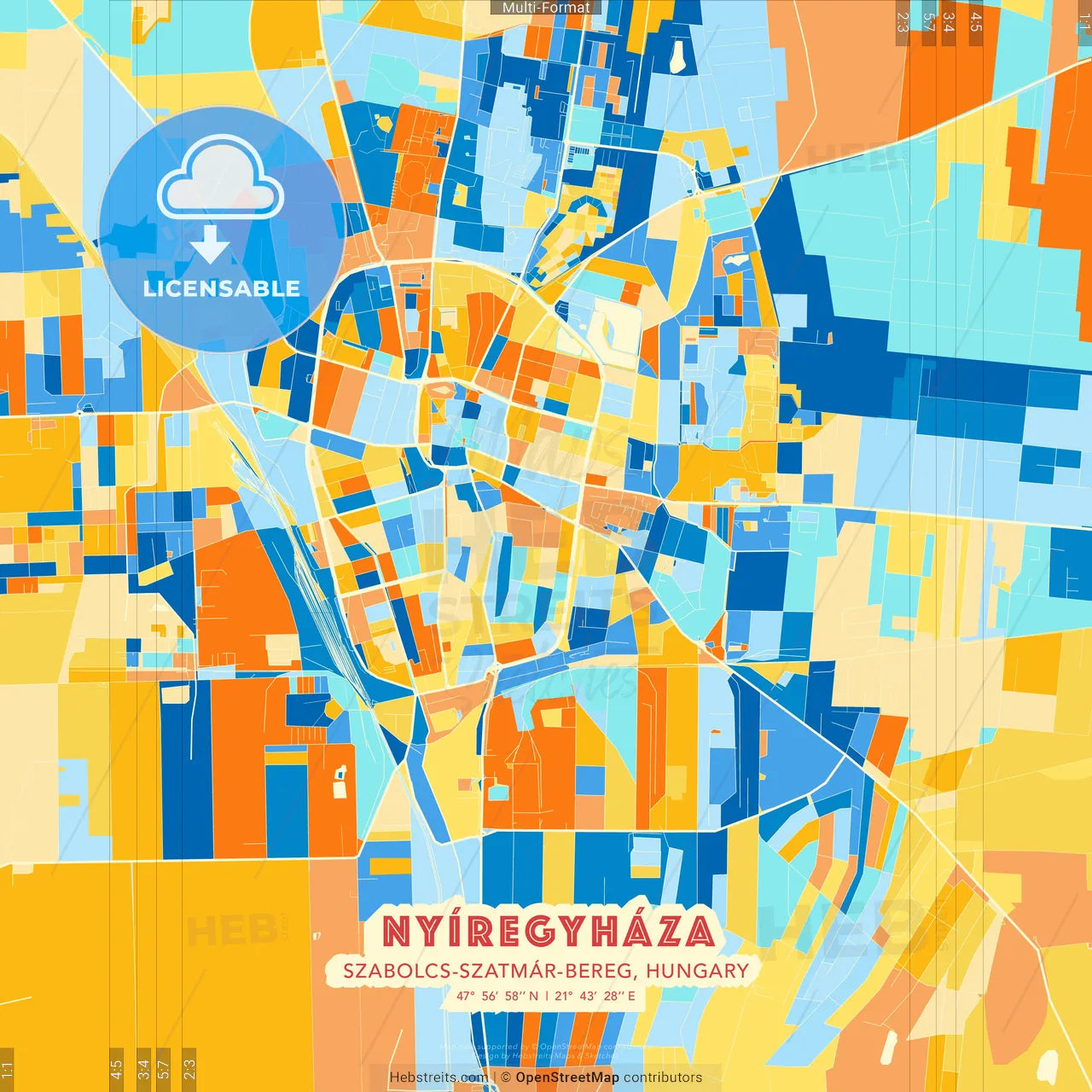 Nyíregyháza, Szabolcs-Szatmár-Bereg, Hungary blue and orange vector art map template